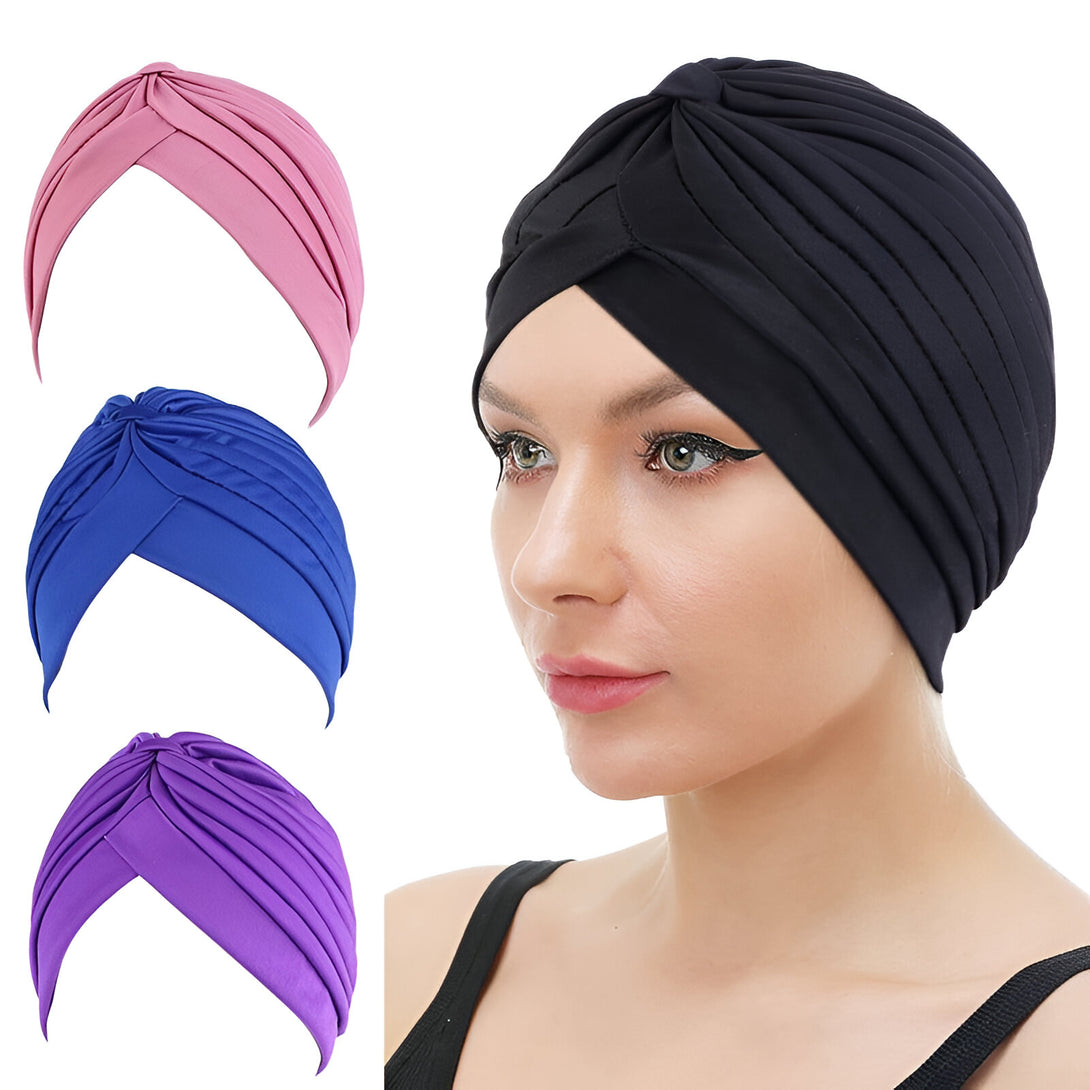 Un turban musulman en tissu extensible dans trois couleurs : noir, rose et bleu. Parfait pour un look élégant et confortable.