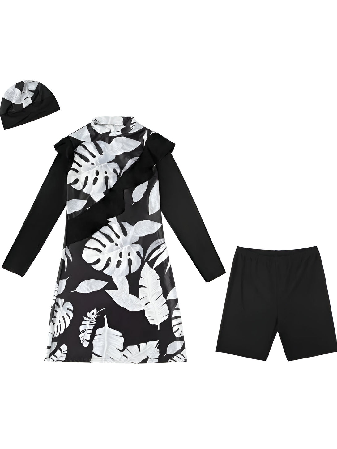 Ensemble de vêtements musulmans pour femmes avec un motif de feuilles blanches sur fond noir, comprenant une robe à manches longues, un foulard et un short.
