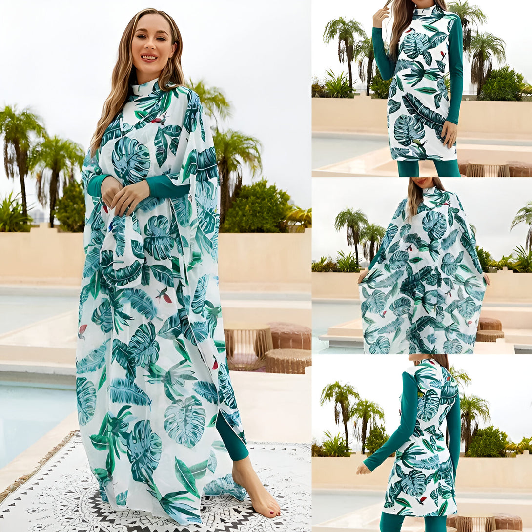 Une femme porte un maillot de bain musulman à motifs tropicaux verts et blancs. Elle porte une robe longue avec des manches longues et un pantalon assorti. La robe est transparente et permet de voir le maillot de bain en dessous. La femme est debout près d'une piscine.