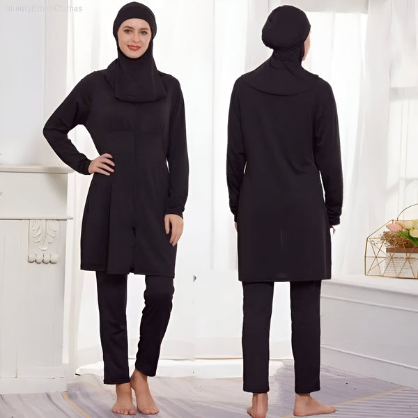 Maillot de bain musulman noir pour femme, avec tunique longue et pantalon, idéal pour la plage ou la piscine.