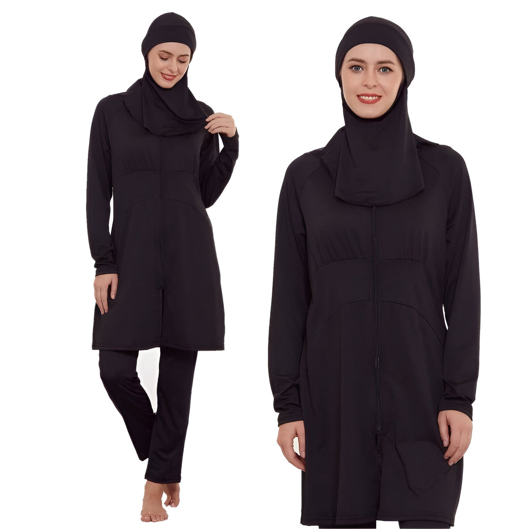 Maillot de bain musulman noir pour femmes, avec manches longues, pantalon long et hijab assorti. Parfait pour la natation et la plage.