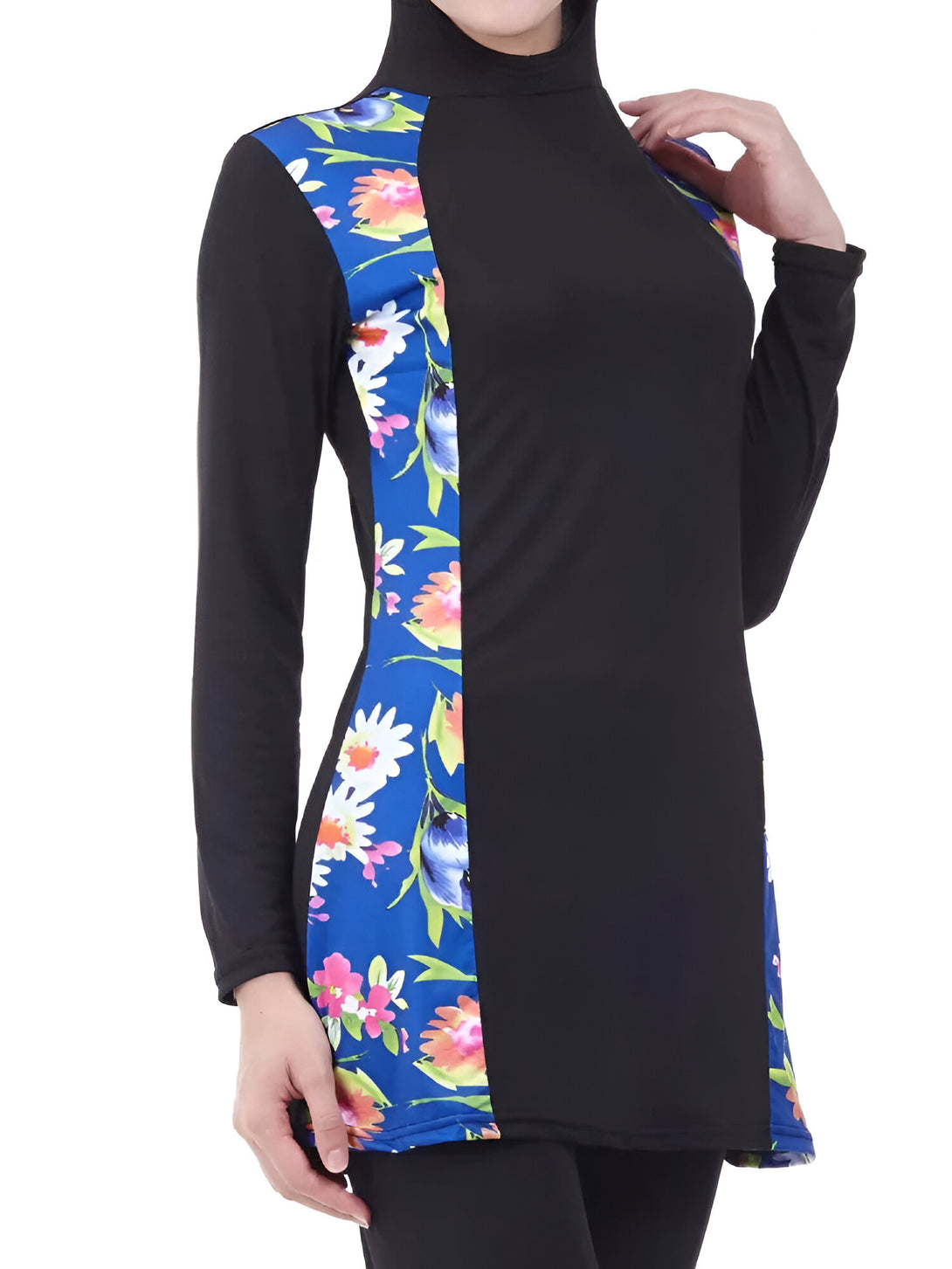 Maillot de bain musulman pour femme, noir avec des fleurs colorées sur le côté.