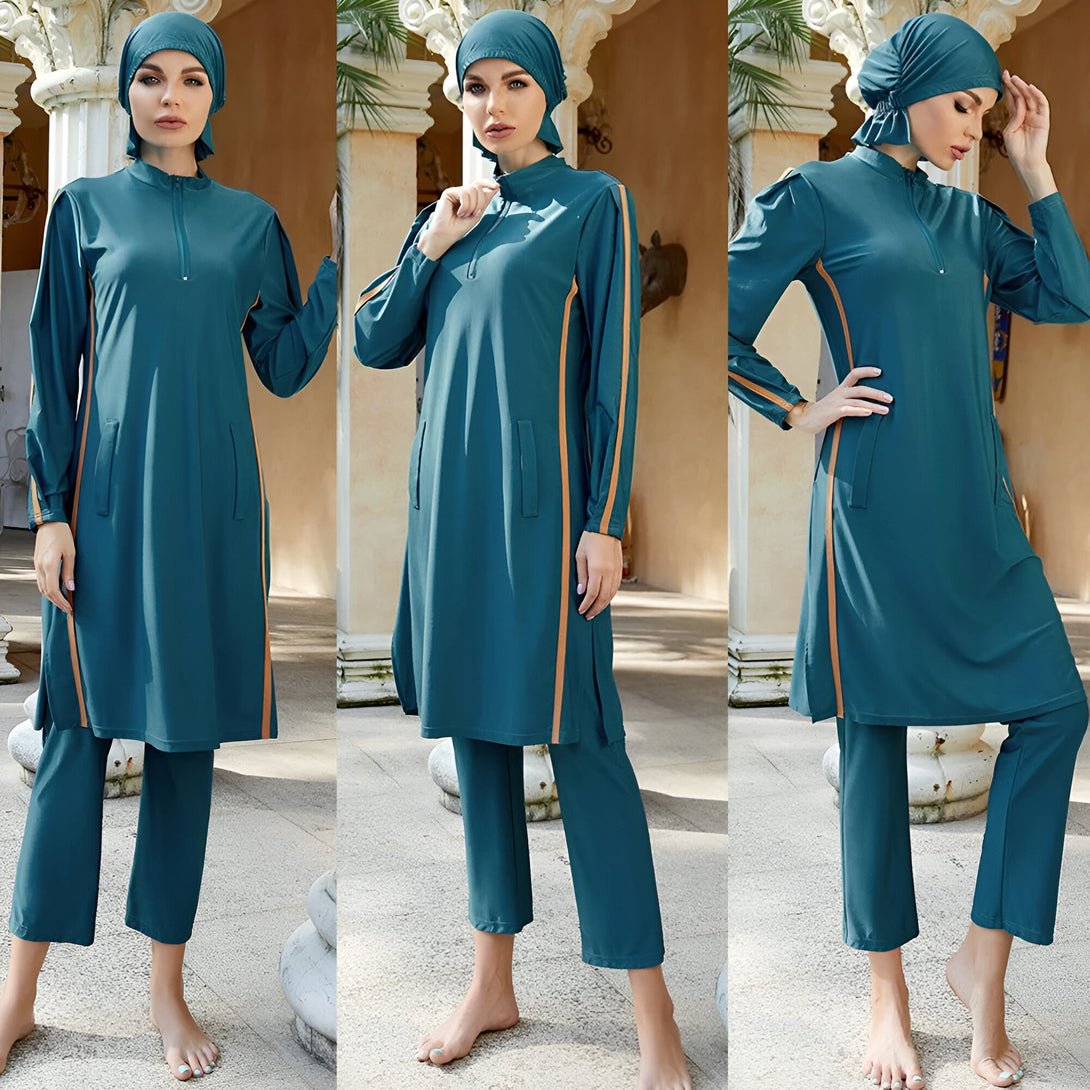 Maillot de bain musulman pour femme en bleu sarcelle avec des rayures orange sur les côtés, idéal pour la natation et les activités aquatiques.
