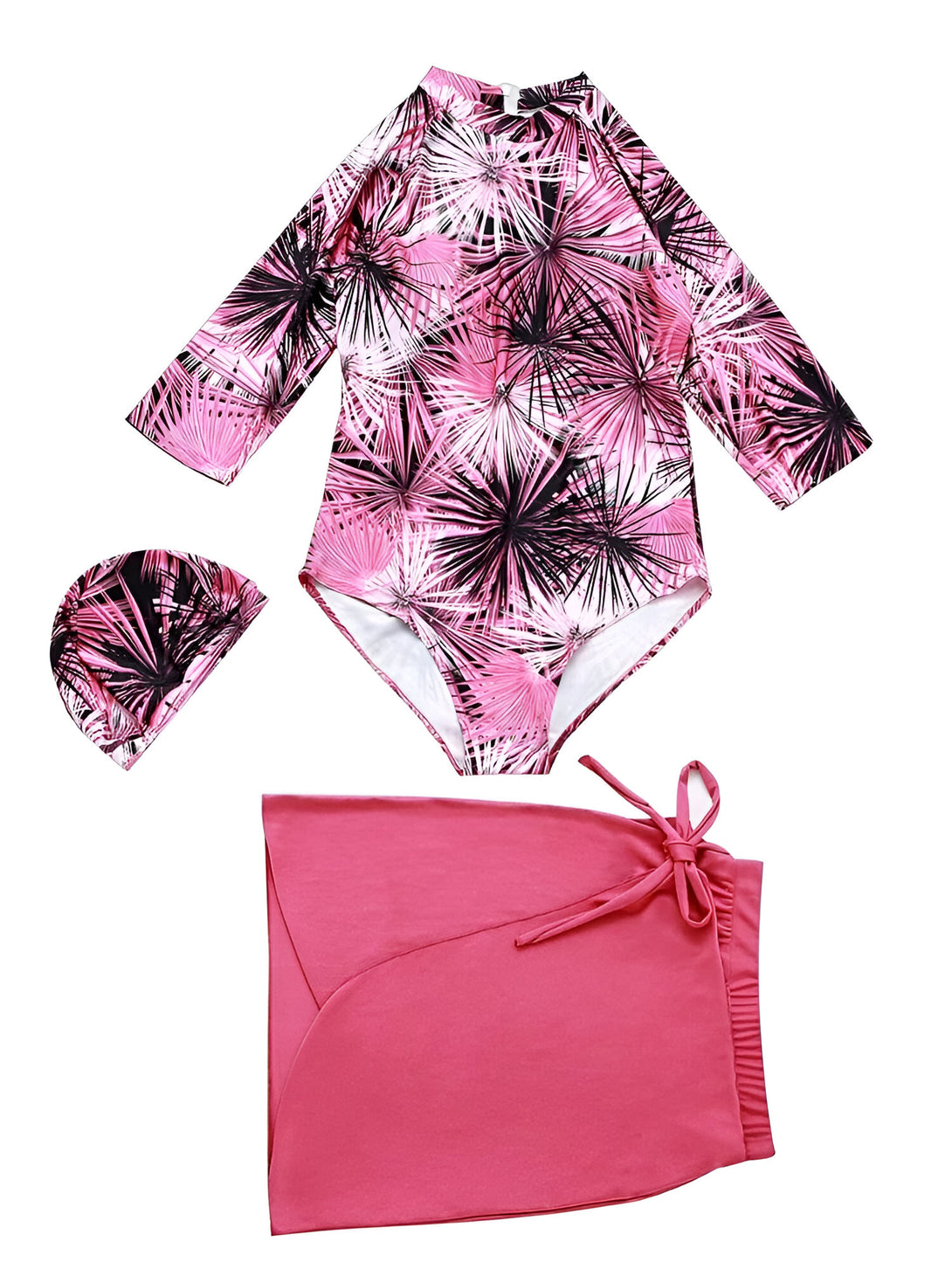 Maillot de bain musulman pour femme avec manches longues, imprimé de feuilles tropicales, et jupe assortie.