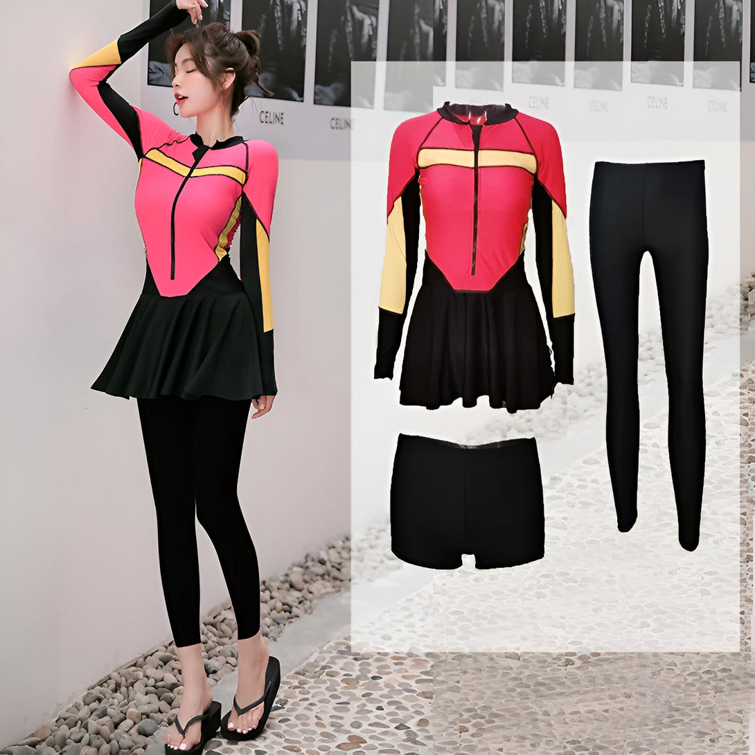 Ensemble de vêtements de bain musulman pour femme avec un haut rose à manches longues, une jupe noire, un short noir et un pantalon long noir.  Parfait pour la natation et les activités nautiques.
