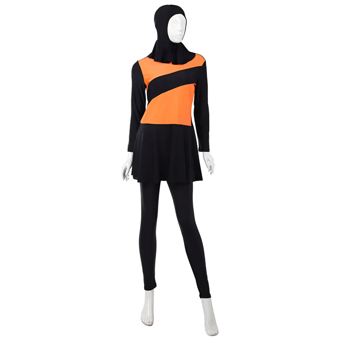 Maillot de bain musulman pour femmes, noir et orange, avec une jupe et un hijab assorti.  Parfait pour la natation et les activités nautiques.