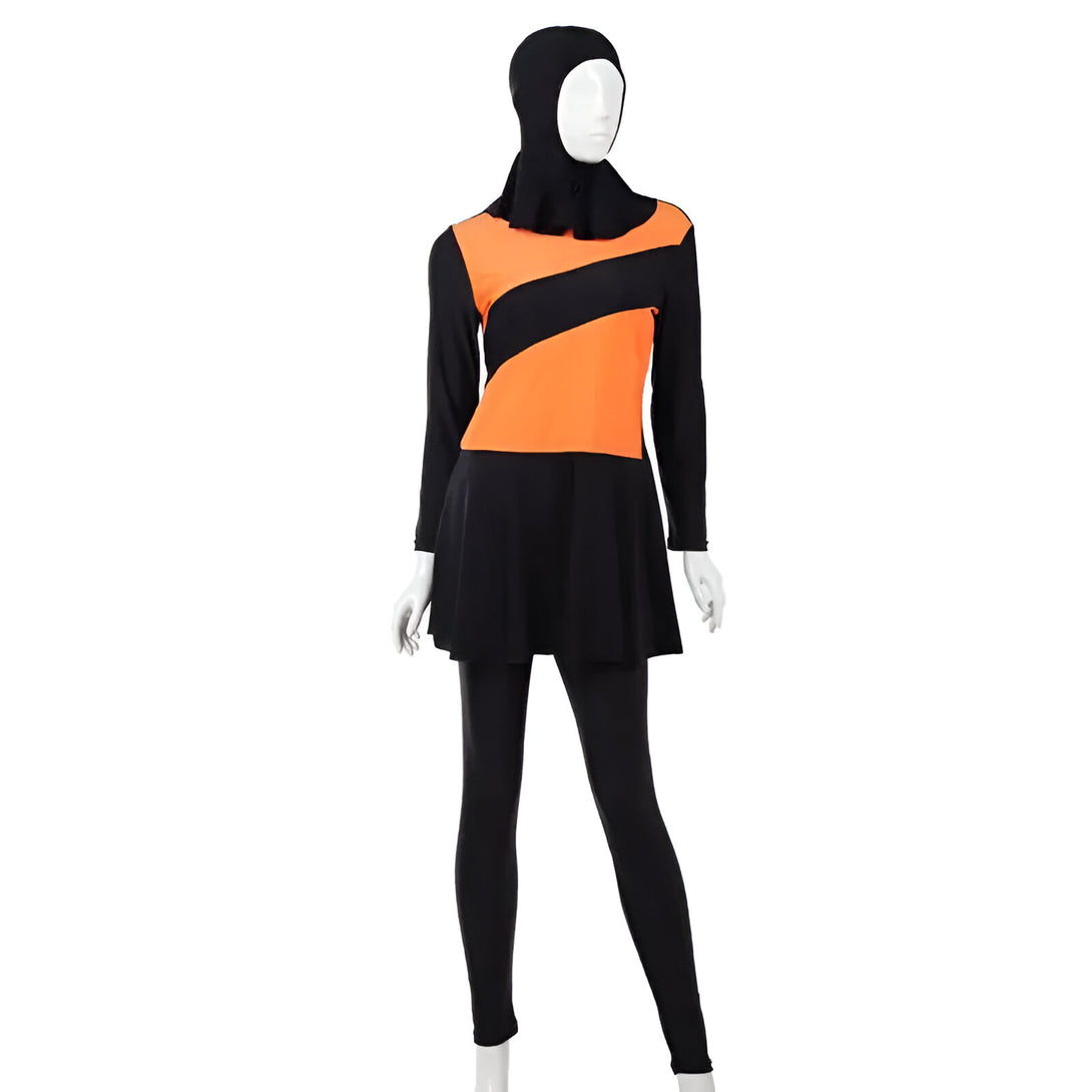 Maillot de bain musulman pour femme avec manches longues, jupe et pantalon, de couleur noire et orange.