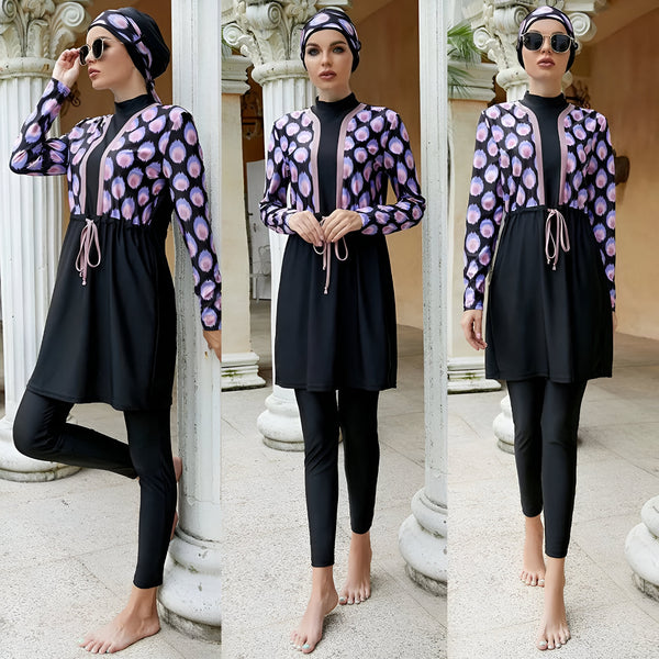 Maillot de bain musulman pour femmes, avec une jupe, un pantalon long et un hijab, imprimé de motifs géométriques.