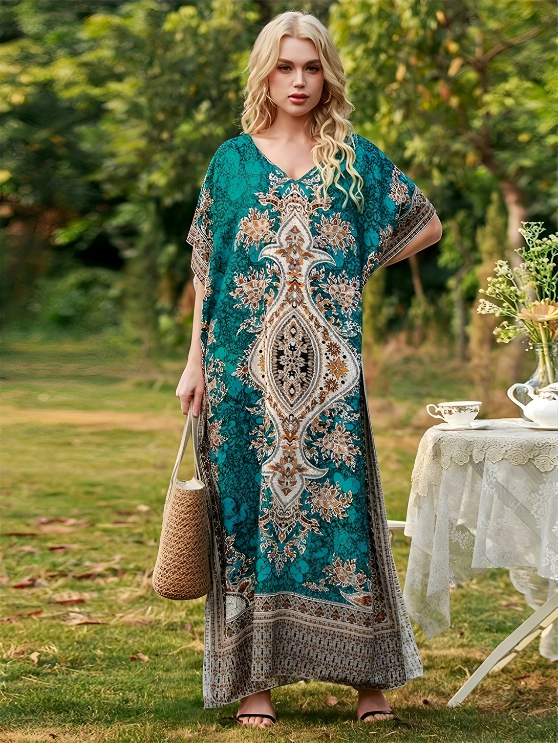 Une femme blonde porte une longue robe turquoise à imprimé floral complexe, tenue dans un jardin verdoyant. Elle porte une grande sacoche en osier et porte des sandales plates. La robe est parfaite pour les occasions spéciales ou pour se détendre à la maison.