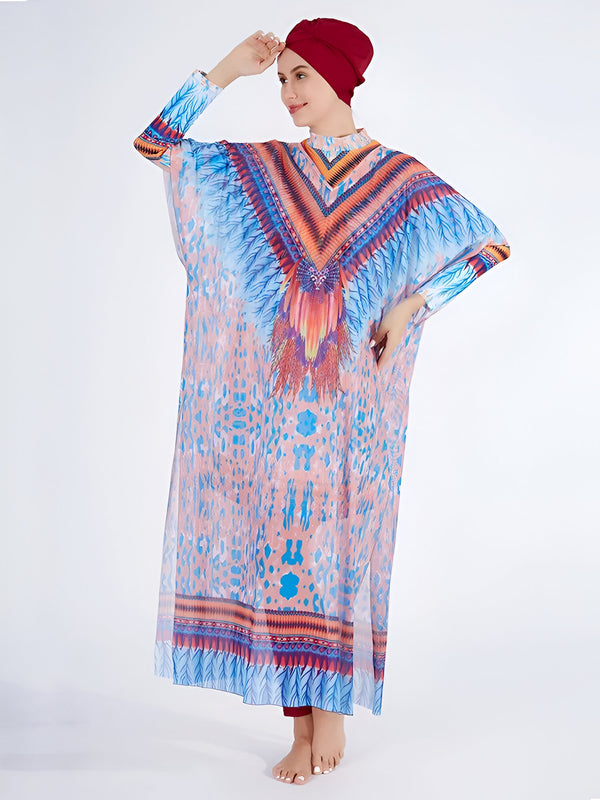 Une femme portant une robe longue de bain musulmane avec un motif coloré et un foulard rouge. La robe est ample et a des manches longues.  La femme a l'air à l'aise et élégante.