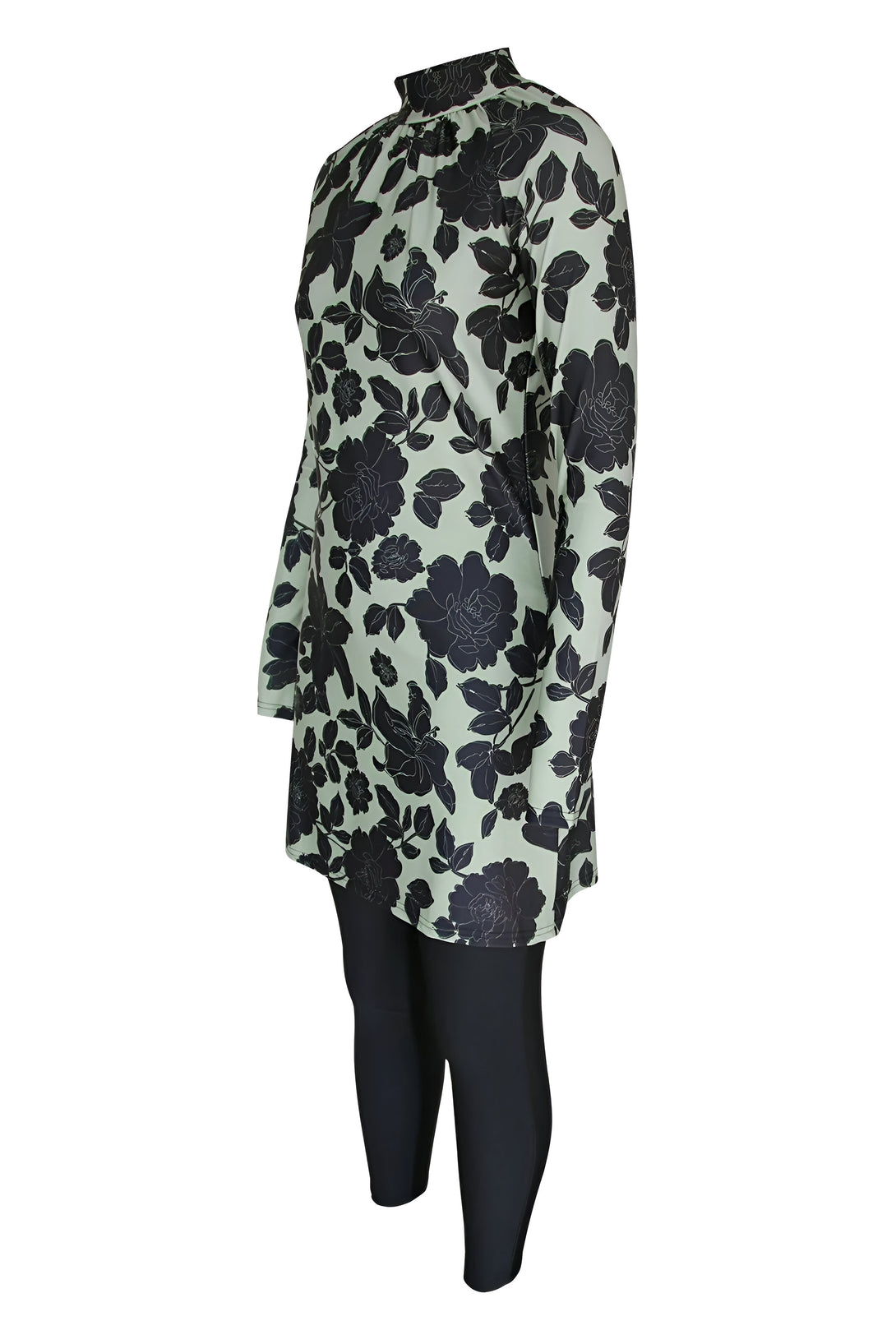Combinaison de bain musulmane pour femmes avec un haut à manches longues vert clair à imprimé floral noir et un pantalon noir.