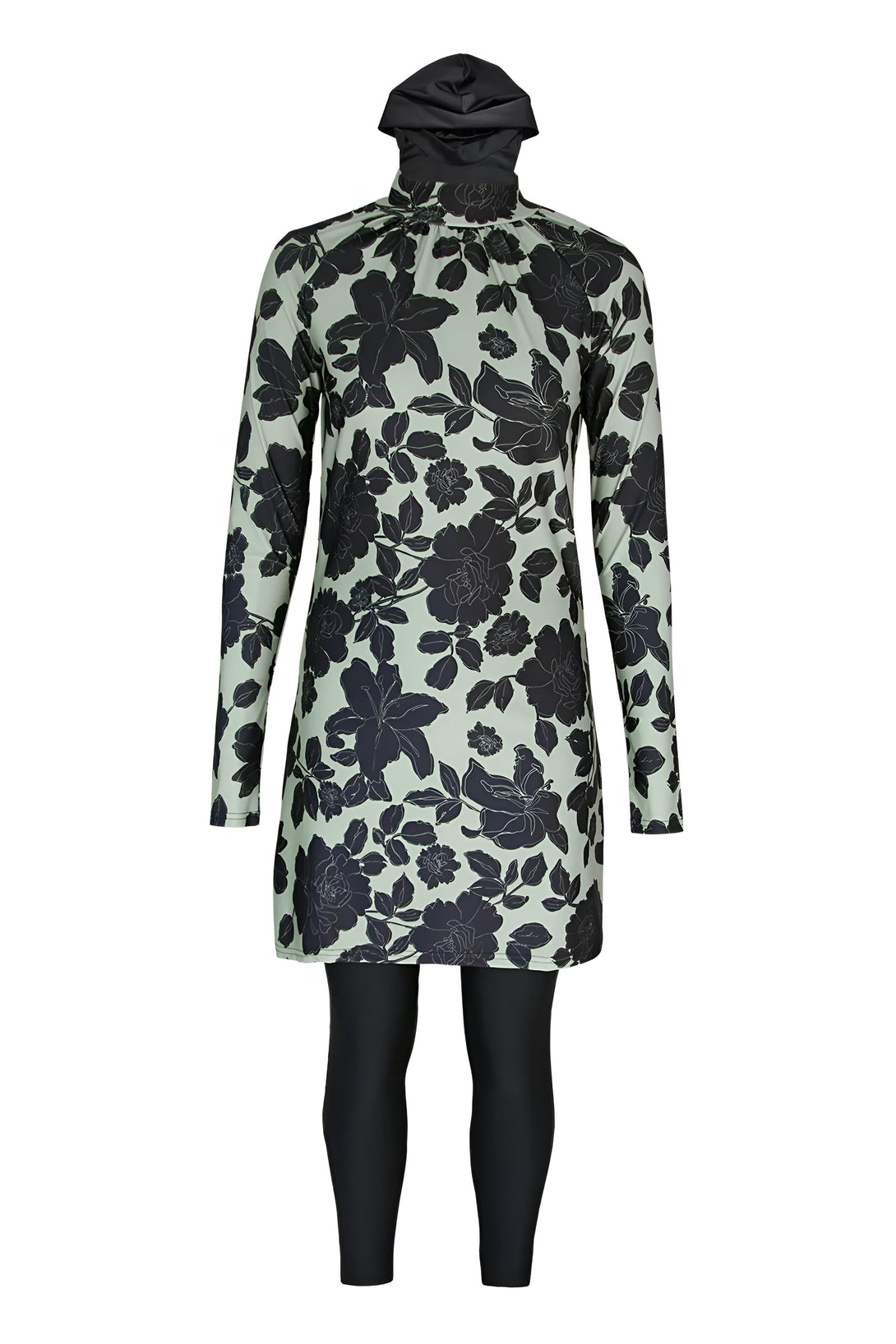 Combinaison de bain musulmane pour femme avec un motif floral noir sur fond vert clair. La combinaison comprend un haut à manches longues, un pantalon long et un hijab assorti.