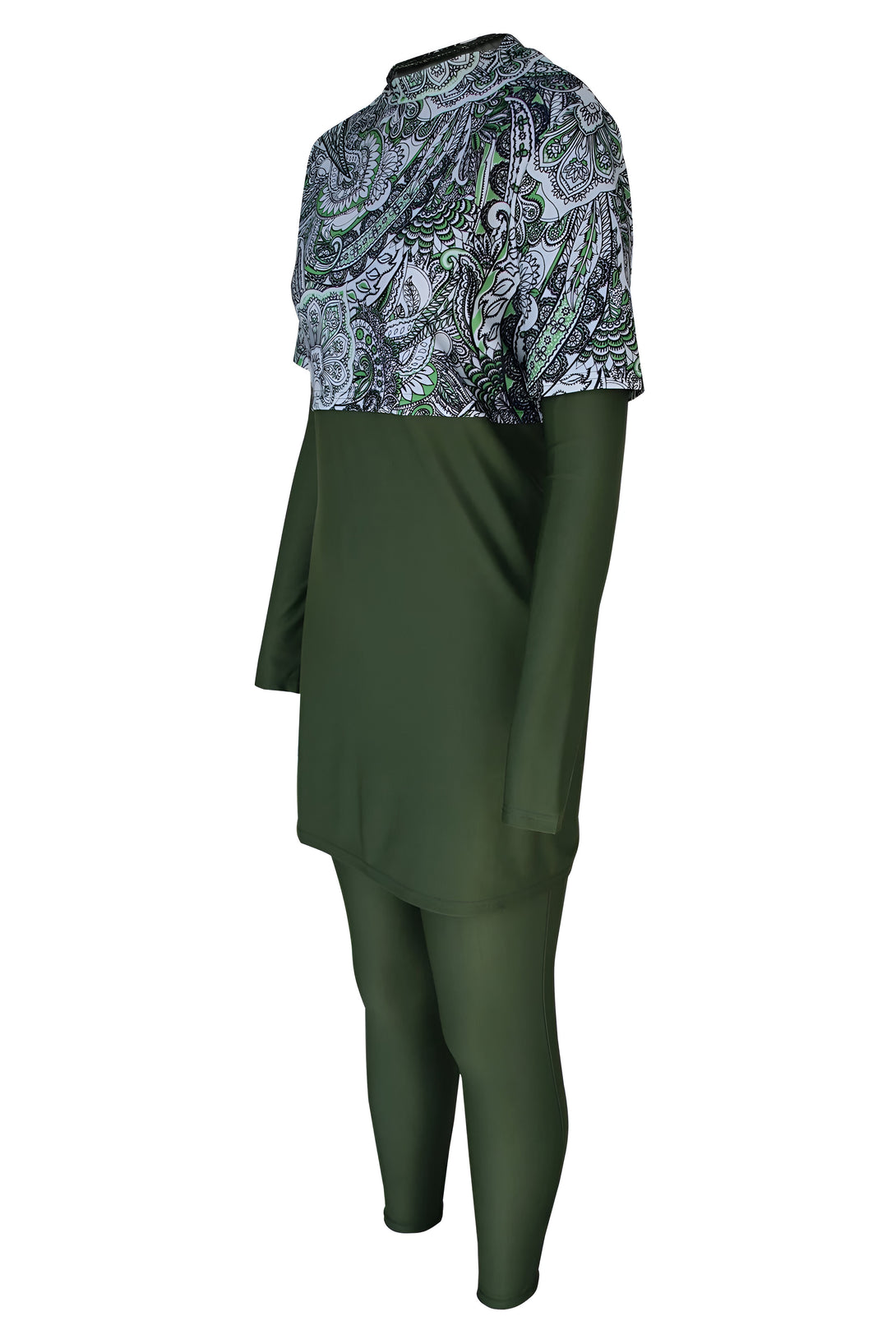 Combinaison de bain musulmane pour femmes avec un haut à manches longues imprimé et un pantalon long vert. La tenue est conçue pour offrir une couverture modeste tout en étant confortable et élégante.