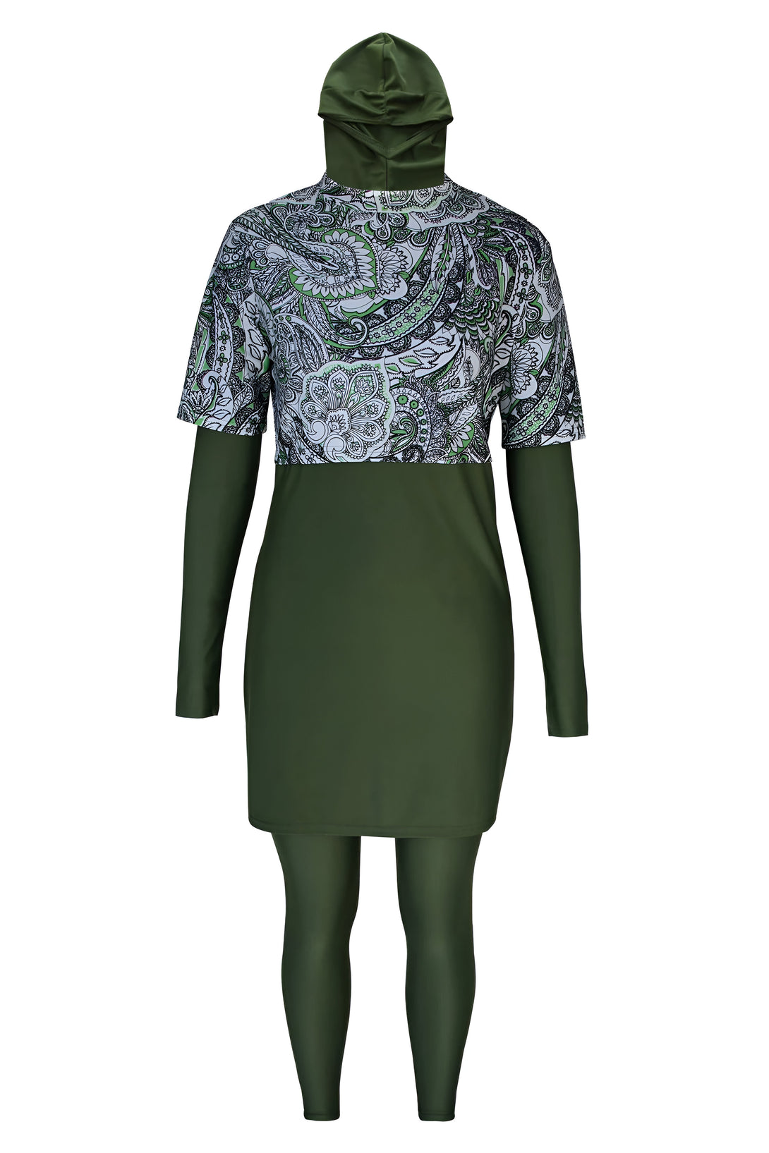 Combinaison de bain musulmane pour femme, avec manches longues, pantalon long et hijab assorti, imprimé floral vert et noir sur fond blanc.