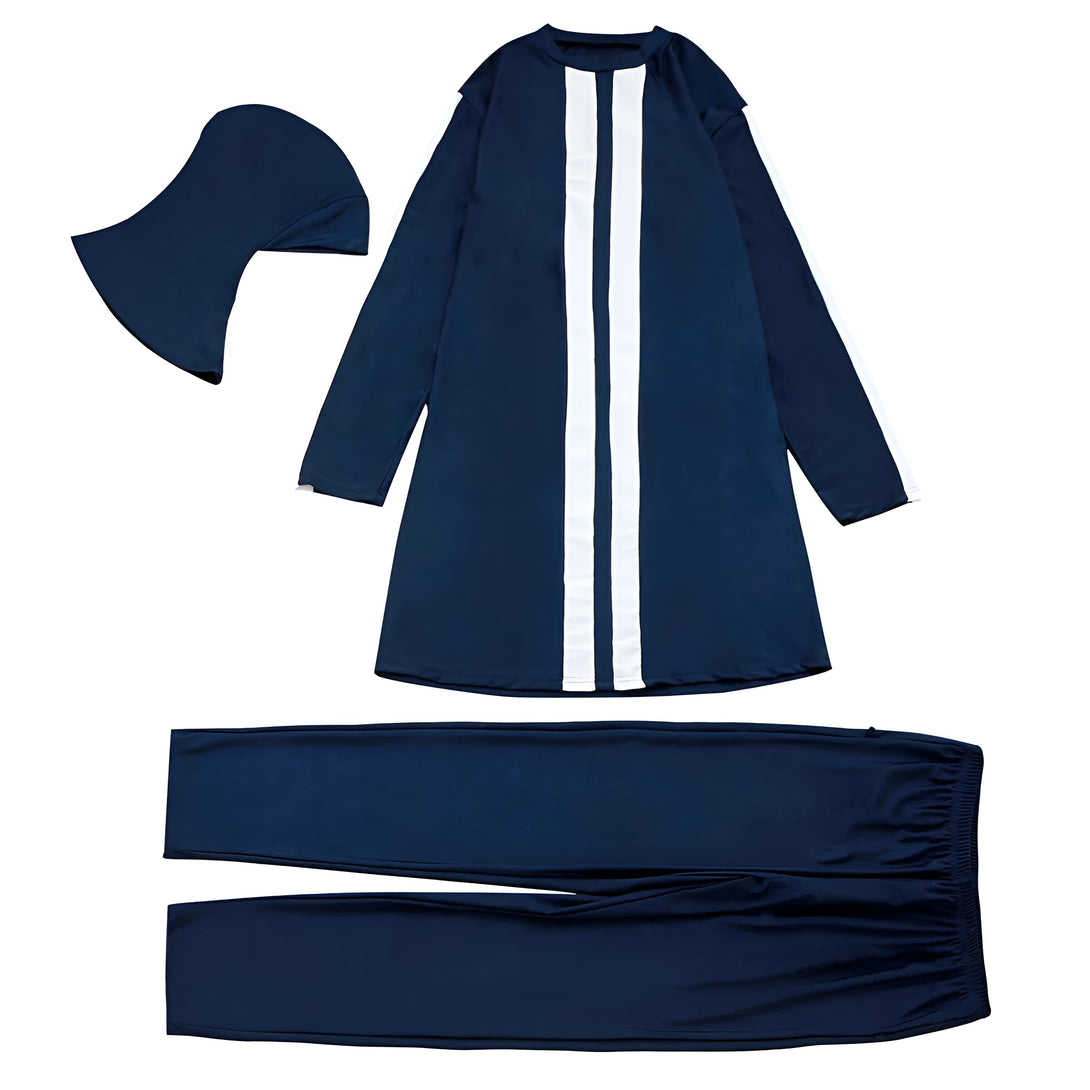 Ensemble de vêtements musulmans pour femmes, comprenant un tunique à manches longues avec une bande blanche, un pantalon et un hijab.