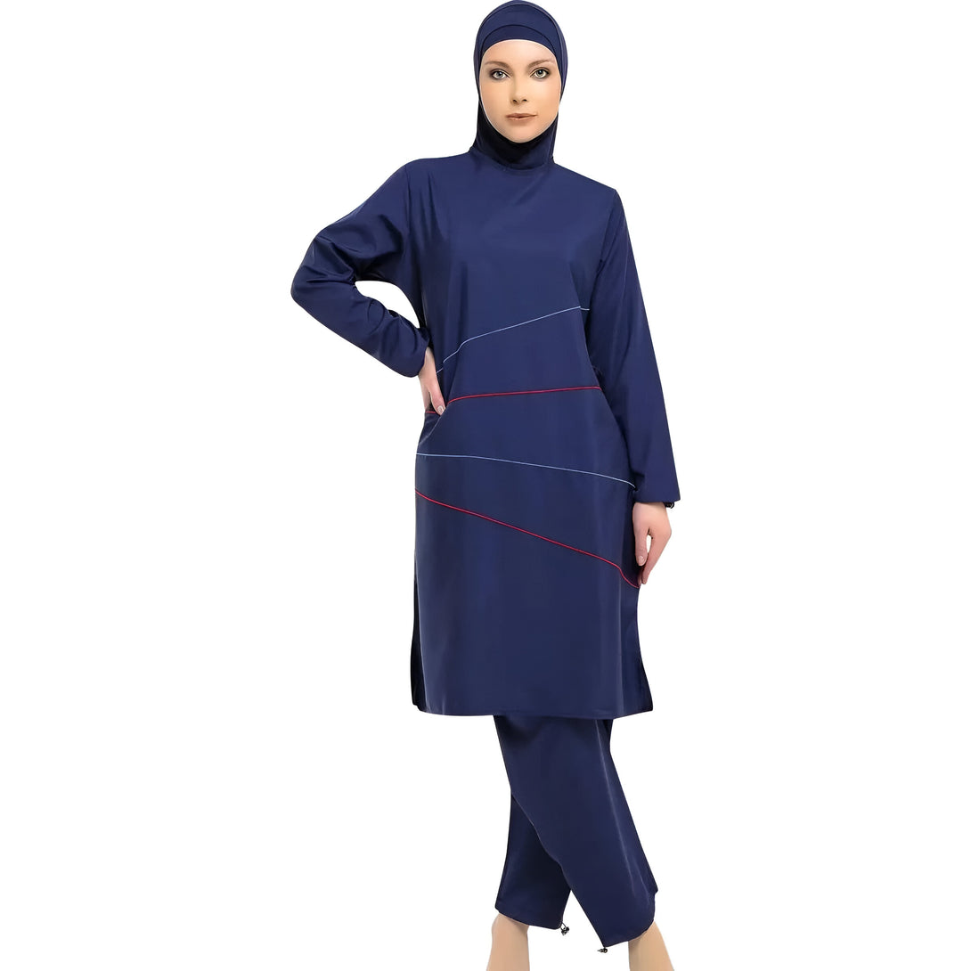 Maillot de bain islamique pour femmes avec pantalon et hijab, couleur bleu marine avec des détails rouges et bleus.