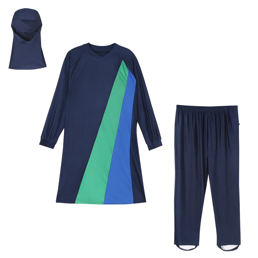 Ensemble de vêtements de bain islamiques pour femmes avec hijab, tunique à manches longues bleu marine avec des détails vert et bleu, et pantalon ample bleu marine.