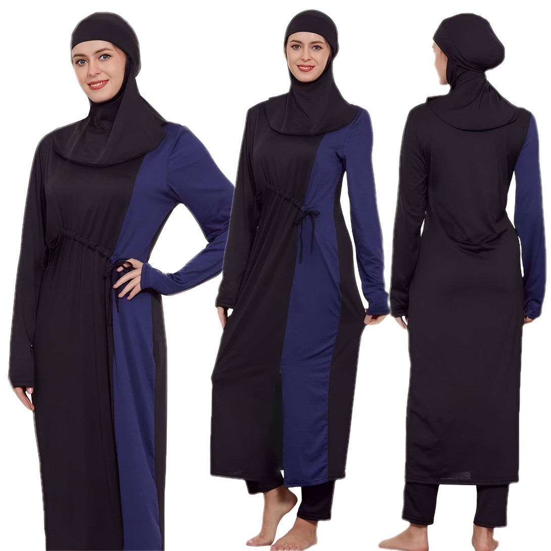 Maillot de bain musulman pour femmes, avec une longue robe noire et bleue, une cagoule et des manches longues.