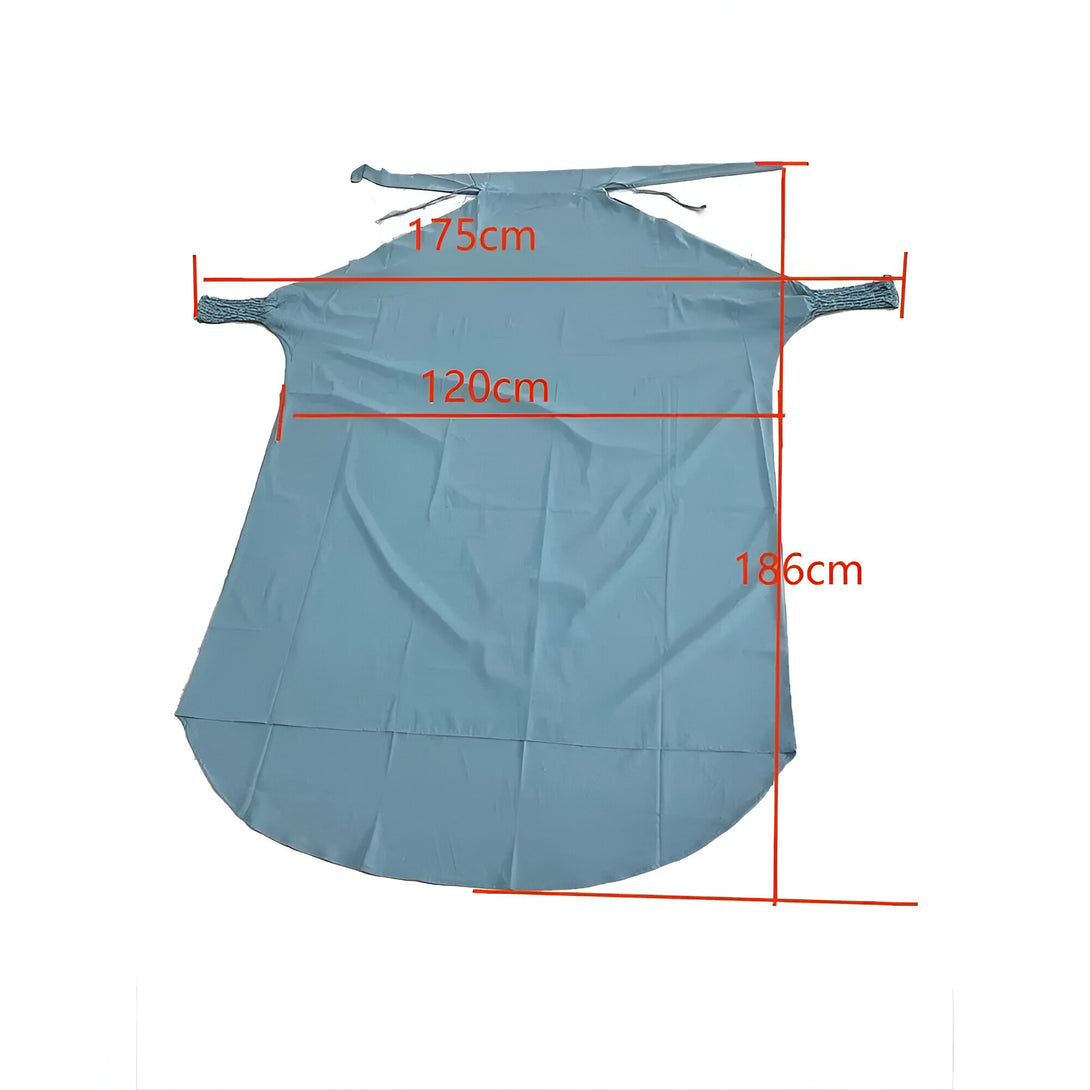 Robe musulmane bleu clair avec manches longues et col rond, montrant les dimensions de la robe en centimètres.